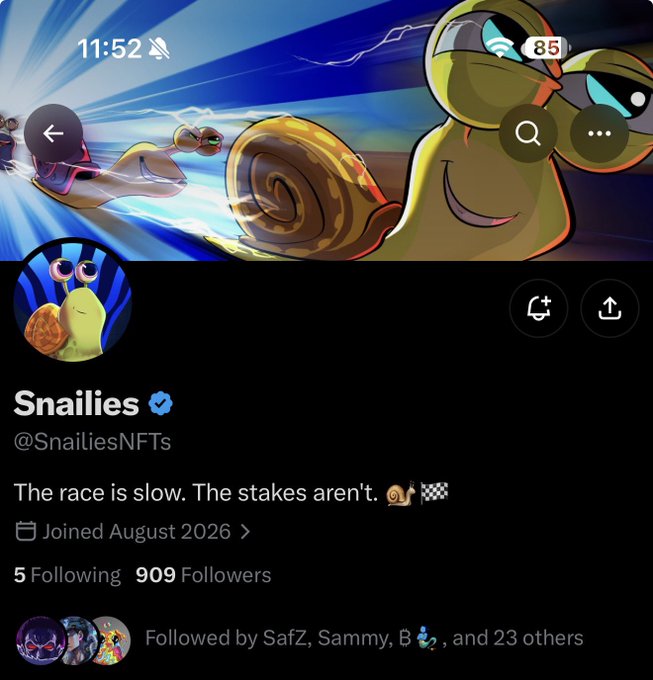 A Twitter profile for 'Snailies' (@SnailiesNFTs) with snail-themed banner art and bio text 'The race is slow. The stakes aren't. 🐌🏁', joined August 2026.