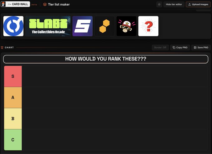 The image shows a computer screen displaying a list of game titles, including "Locating Decimine", "Slabzapp", "slabcash", and "Beezie". The screen also has a rating system for each game, with options like "A" (affordable), "B" (bronze), "C" (silver), and "D" (gold). The post is titled "Locating Decimine but I don't have a decent local card shop, my last ebay order was wrapped in a used sock, and las vegas is too far - tiER list @Courtyard_io feels like a mature vault. @Slabzapp feels like an arcade."