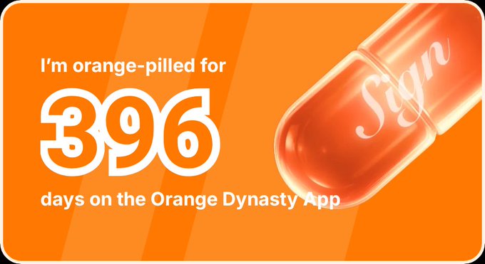 An orange promotional graphic reading 'I'm orange-pilled for 396 days on the Orange Dynasty App' alongside a translucent orange pill capsule marked with a cursive 'Sign'.