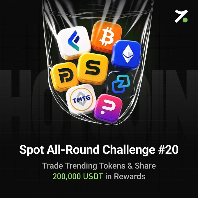 A promotional graphic for a crypto event titled 'Spot All-Round Challenge #20' featuring various cryptocurrency token logos inside a glass, with the text 'Trade Trending Tokens & Share 200,000 USDT in Rewards'.