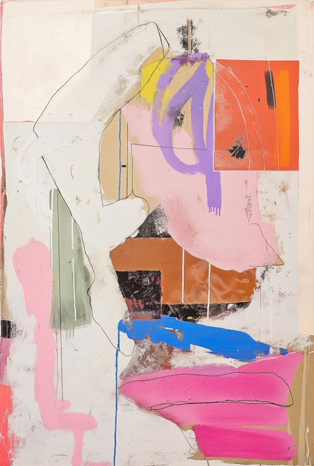 An abstract mixed-media painting features bold brushstrokes in pink, purple, orange, blue, and green on a textured white background.