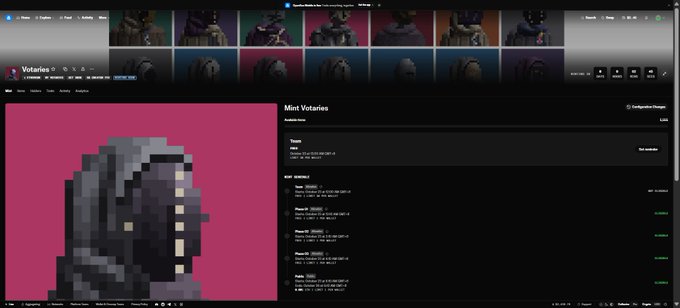 A dark marketplace interface titled “Mint Votaries” displays NFT listings and a large pixel-art token image against a bright pink background; “Mint Votaries” and “Available now” are visible.