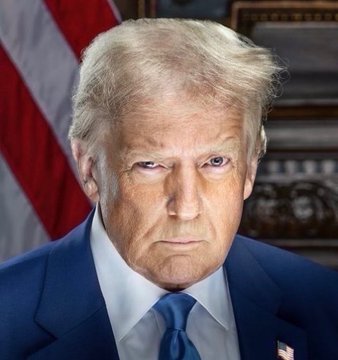 An official portrait-style photo of Donald Trump wearing a blue suit and tie, with an American flag visible in the background.