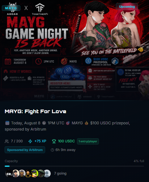 A promotional graphic for 'MAYG: Fight For Love' gaming event, scheduled for August 8 at 1PM UTC with a $100 USDC prizepool sponsored by Arbitrum, part of MAYG Game Night.