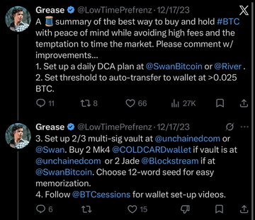 Two Twitter/X posts from user Grease (@LowTimePrefrenz) dated 12/17/23, providing advice on buying and holding #BTC, with references to @SwanBitcoin, @River, @unchainedcom, @Swan, and @COLDCARDwallet.