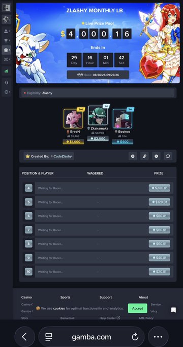 A screenshot of a website showing a 'ZLASHY MONTHLY LAB' prize pool for gambling, with various positions waiting for racers, each wagering $10.