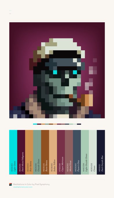 A pixel art portrait with its corresponding color palette displayed below it, credited to "Meditations in Color by Pixel Symphony".