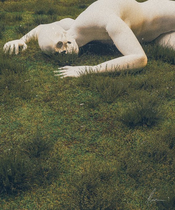 A pale, naked humanoid figure lies face down in tall green grass, with their pale hand and arm visible against the natural landscape.