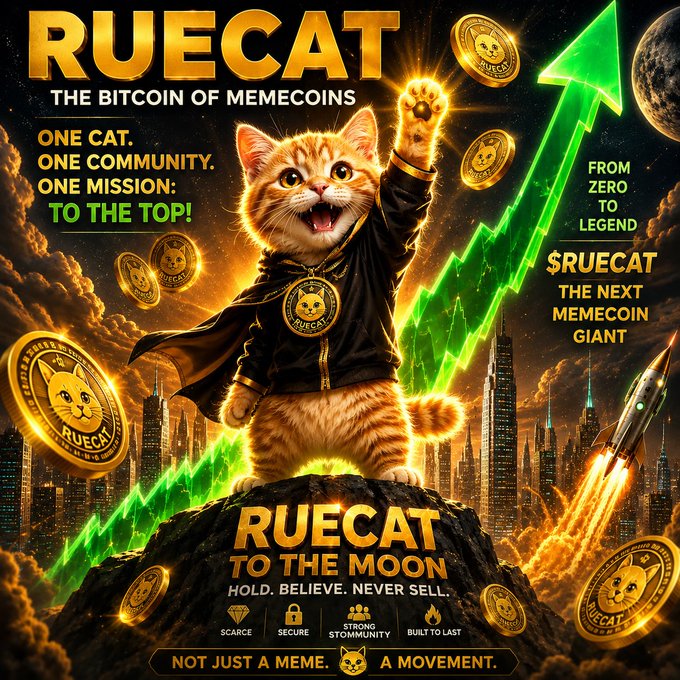 A promotional graphic for 'RUECAT', described as 'THE BITCOIN OF MEMECOINS', featuring an orange cat in a black outfit standing on a rock with a rising green arrow.