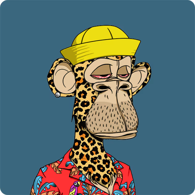 A cartoon-style illustration of a monkey character wearing a yellow bucket hat and a red tropical-print shirt, appearing as a digital avatar or NFT-style artwork against a solid blue-gray background.