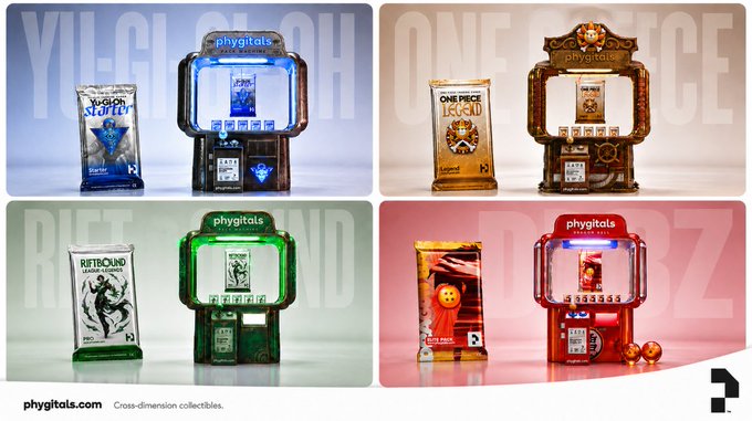 The image is a promotional collage for Phygitals showing four collectible vending machines themed around Yu-Gi-Oh!, One Piece, Riftbound, and Dragon Ball, each displayed alongside a corresponding card pack (labeled "VILGACH," "ONE PIECE," "RIFTBOUND," and "DBZ"). The branding "phygitals - Cross-dimension collectibles" appears throughout, visually supporting the post's claim that Phygitals offers dedicated repacks across these major trading card franchises.
