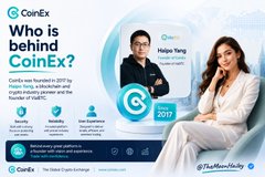 The image is a CoinEx advertisement promoting an event or podcast titled "Who is behind CoinEx?" featuring Huijiao Yang, with text highlighting the platform's growth to 5 million users across 200+ countries. It relates to the post about XRP ETF inflows by showcasing another major crypto platform, emphasizing how established exchanges like CoinEx are part of the broader institutional and retail momentum driving significant capital—such as the $28.14 million in XRP ETF inflows—into digital assets.