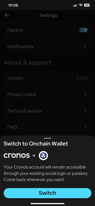 A mobile app settings screen showing version 3.0.0 with a bottom sheet prompting to 'Switch to Onchain Wallet' with a Cronos to crypto wallet transition.