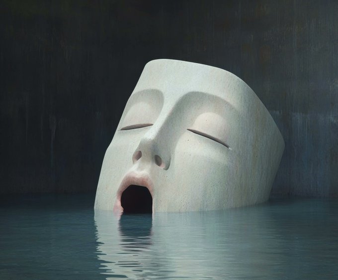 A large white stone face sculpture with closed eyes appears partially submerged in water.