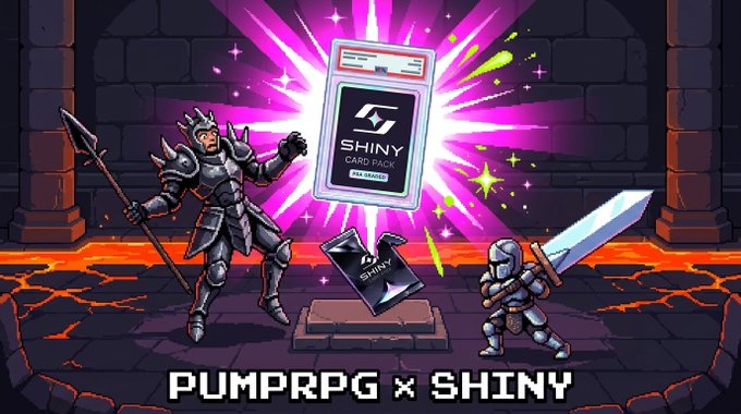 Pixel art promotional image for a "PUMPRPG x SHINY" collaboration, featuring a glowing "SHINY CARD PACK" between a knight and an armored swordsman in a lava dungeon setting.