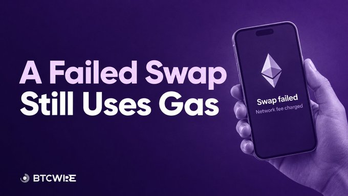 A purple-toned BTCwire graphic reads 'A Failed Swap Still Uses Gas,' showing a hand holding a smartphone displaying an Ethereum logo and the message 'Swap failed. Network fee charged'.