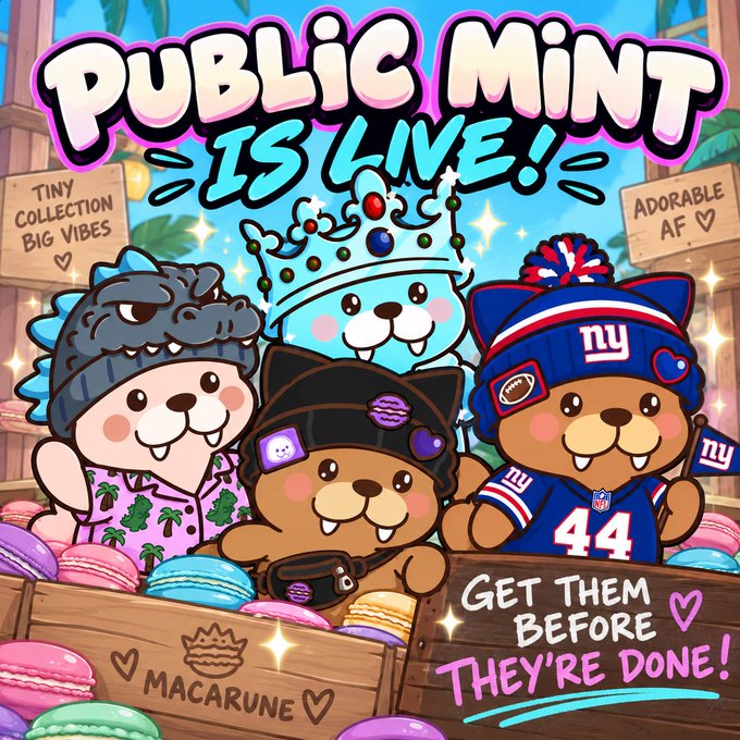 Colorful promotional graphic for 'PUBLIC MINT IS LIVE!' featuring cartoon characters including a polar bear wearing a crown and another in a New York Giants (NY) jersey, alongside a wooden crate labeled 'MACARUNE'.