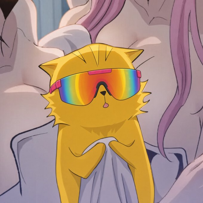 Anime-style illustration of a yellow cat wearing rainbow-colored sunglasses, appearing to be in bed with a person with pink hair visible in the background.