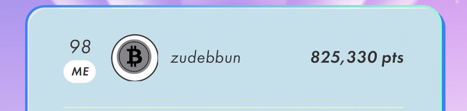 A digital scoreboard display shows a user named 'zudebbun' ranked #98, with 'ME' label and a Bitcoin-style 'B' logo, scoring 825,330 points.