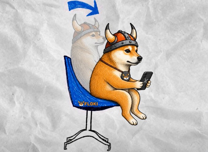 A digital drawing on a crumpled paper background showing a Shiba Inu dog wearing a horned Viking helmet sitting on a blue chair with 'FLOKI' written on it, while looking at a smartphone, with a blue arrow pointing down from a faded outline of the same dog.
