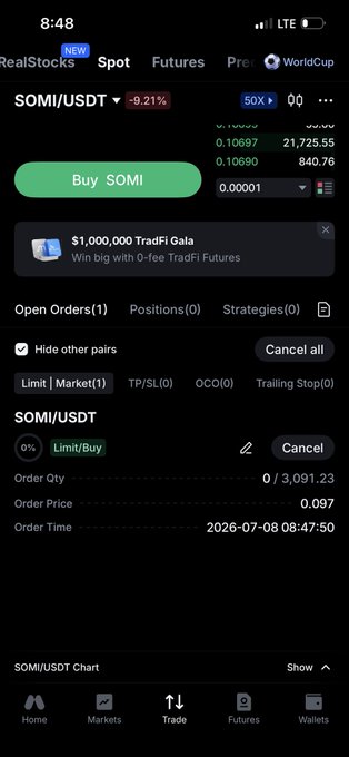 Cryptocurrency trading app screenshot showing a SOMI/USDT pair down -9.21%, with a green 'Buy SOMI' button, open limit buy order at 0.097, and a $1,000,000 TradFi Gala promotion banner.