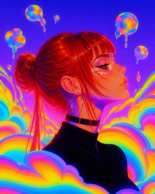 A vibrant digital illustration of a red-haired woman in profile with closed eyes, surrounded by rainbow-colored clouds and dripping bubble shapes against a purple background.