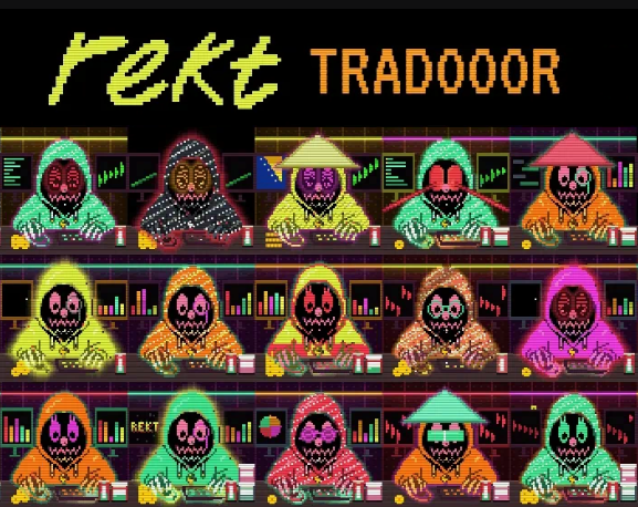 Pixel art graphic featuring 'rekt TRADOOOR' with rows of hooded skeleton figures in various colored outfits at trading desks.