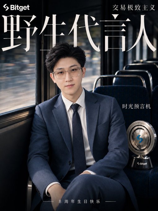 An advertisement featuring Bitget featuring a young man in a blue suit and glasses sitting on a train, with Chinese text '交易极致主义' (Trading Extremism), '野生代言人' (Wild Spokesperson), '时光预言机' (Time Predictor), and '8 周年生日快乐' (Happy 8th Anniversary) alongside the Bitget logo and emblem.