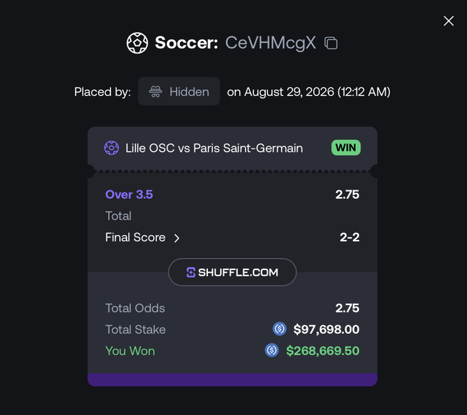A sports betting slip from Shuffle.com shows a WIN on Lille OSC vs Paris Saint-Germain with odds of 2.75, a total stake of $97,698.00, and winnings of $268,669.50.