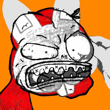 A crude, unsettling illustration of a red and white cartoonish figure, possibly resembling an ape or cat, with wide bulging eyes, stitched features, and a large mouth with misaligned teeth against an orange background.
