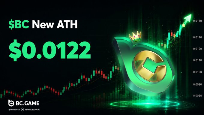 The image shows a graphic design that features a green crown, which resembles an ATH character, floating above a price chart against a black background with a gradient effect. Below the crown, there's text indicating the price of $0.0122. There is no accompanying explanation or context provided about this graphic or its connection to the original post, so it seems like an independent piece designed for display purposes without any relation to the existing content.