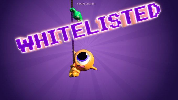 The image shows a yellow cartoon character with one large eye hanging onto a rope alongside a small green character, with bold "WHITELISTED" text displayed in pixelated font across a purple background, with "REWARD VERIFIED" noted at the top. This visually reinforces the post's message about securing a whitelist (WL) spot through Everdraw_RPG's Season Zero missions.