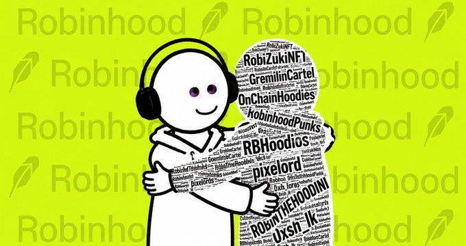 A cartoon figure with headphones hugs a word cloud featuring RobiZuki NFT community names like "GremlinCartel," "OnChainHoodies," "RBHoodios," "pixelord," and "ROBIN THE HOODINI," set against a bright yellow "Robinhood" background, promoting the GTD mint eligibility announcement for all RobiZuki holders on July 14 at 13:00 UTC.