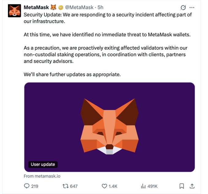 A MetaMask security update tweet responding to a security incident affecting part of their infrastructure, noting no immediate threat to MetaMask wallets.