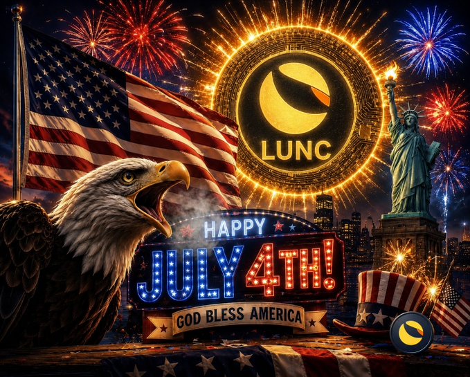 A patriotic Fourth of July graphic featuring an American flag, bald eagle, Statue of Liberty, fireworks, and a glowing 'LUNC' (Luna Classic) cryptocurrency logo with 'Happy July 4th!' text.