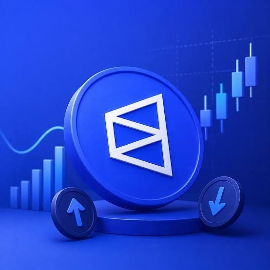 3D graphic depicting a large blue coin with a play/forward symbol, flanked by up and down arrows, set against a background of blue bar charts and candlestick graphs indicating financial trading or cryptocurrency.