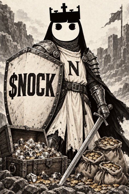 A stylized knight in armor, topped with a crown-shaped silhouette resembling a hooded figure's head, stands before a castle and battlefield while holding a shield emblazoned with "$NOCK" and a chest overflowing with gold and jewels, flanked by sacks of coins and a sword—visually reinforcing the post's triumphant tone of holding and revealing the $NOCK token as the culmination of a long, hard journey.
