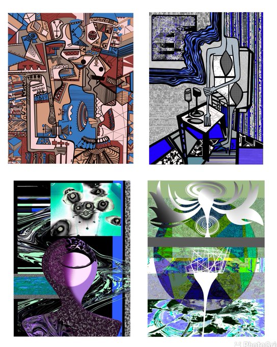 A collage of four abstract, colorful digital art pieces with various geometric and surreal shapes.