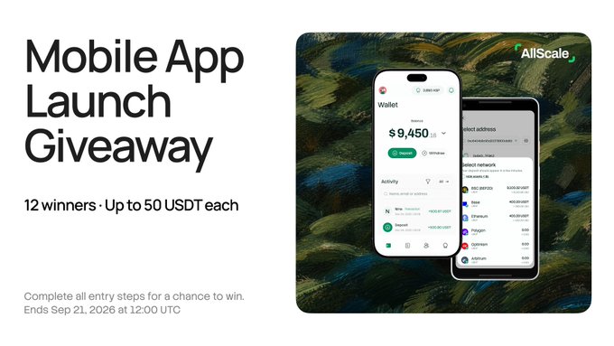 Promotional banner for an AllScale Mobile App Launch Giveaway featuring 12 winners of up to 50 USDT each, ending Sep 21, 2026 at 12:00 UTC, with screenshots of the app's wallet and network selection interface showing a $9,450.35 balance and supported networks like BSC, Base, Ethereum, Polygon, Optimism, and Arbitrum.