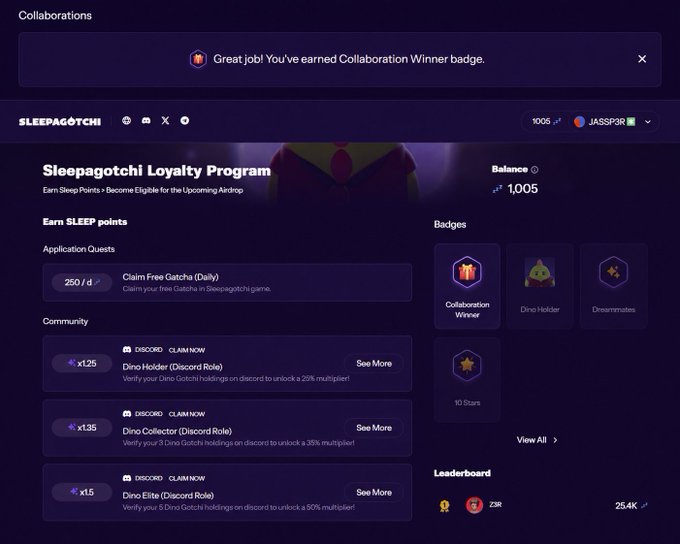 The image displays information from an app named "@ sleepagotchi loyalty program", possibly an anime app or a similar platform for collecting points or badges through various tasks. The user interface includes a list of the rewards available, including a $SLEEP reward code they are currently trying to use.