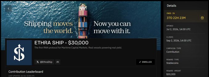 A crypto fundraising page for 'ETHRA SHIP - $30,000' describing it as 'The first RWA protocol for Maritime Capital Markets,' with a reward of $30,000 in Stablecoins.