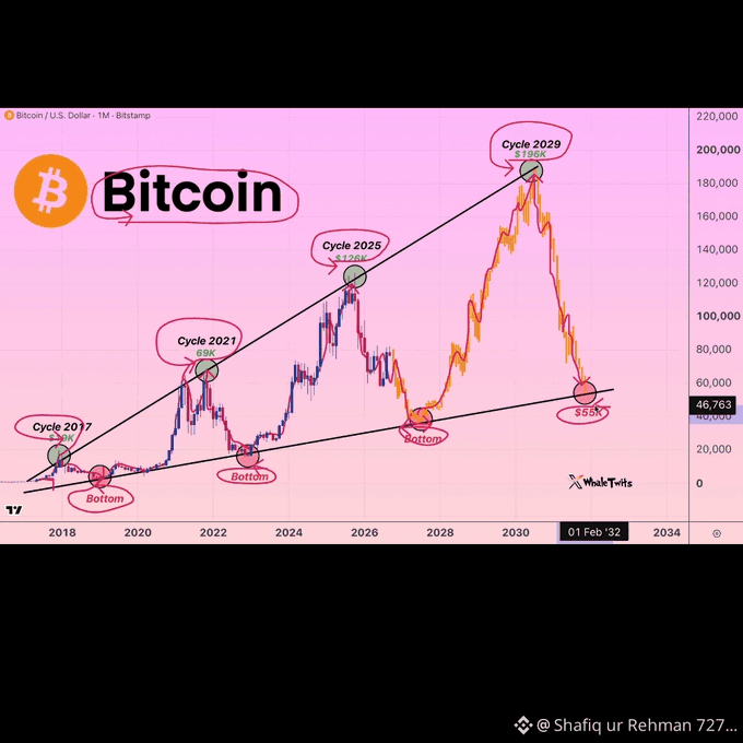 A Bitcoin price chart titled "Bitcoin" on a pink background showing historical and projected cycles: Cycle 2017 ($20K), Cycle 2021 ($69K), Cycle 2025 ($125K), and Cycle 2029 ($185K), with bottoms marked around 2029 at $58K, sourced from WhaleTrits and shared by @Shafiq ur Rehman 727.