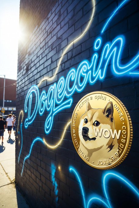 A photograph of a brick wall featuring blue neon graffiti spelling 'Dogecoin' and a gold coin displaying the Doge meme with the word 'WOW', with people walking on a sidewalk in the background.