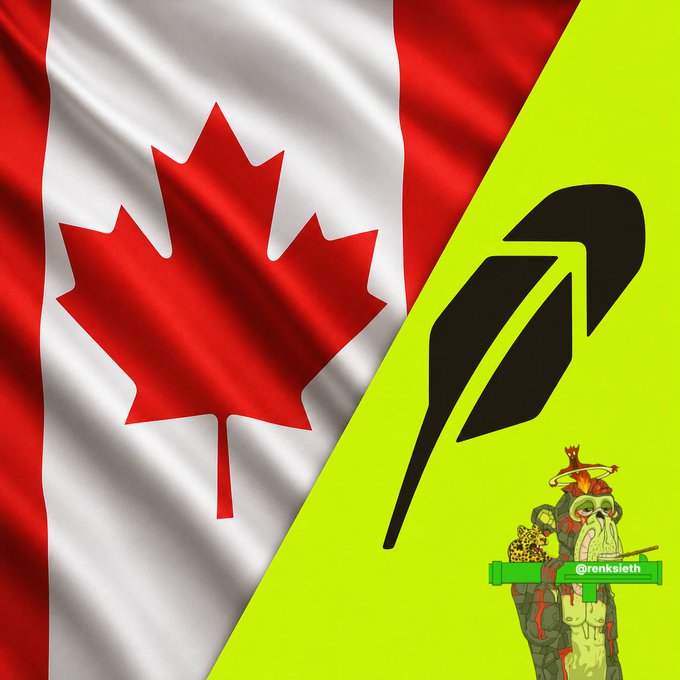 A split graphic with a Canadian flag on the left and a bright yellow background with a black stylized logo on the right, featuring a small skull character with the watermark '@renksieth'.