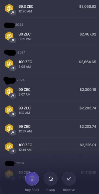 A mobile app screenshot shows a cryptocurrency transaction history with entries for ZEC (Zcash) purchases in various amounts (e.g., '100 ZEC', '99 ZEC') and USD values, with bottom navigation options for 'Buy / Sell', 'Swap', and 'Receive'.