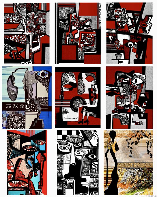 A collage displays nine abstract artistic compositions in a cubist style, predominantly featuring red, black, and white colors with stylized human figures, faces, and geometric patterns.