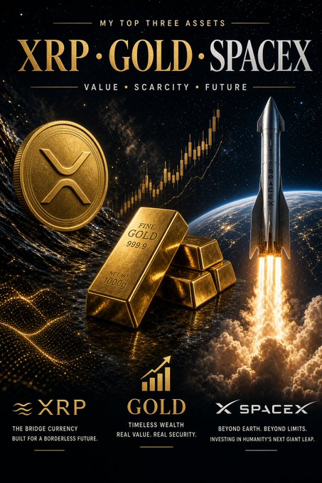 A promotional graphic titled "MY TOP THREE ASSETS: XRP • GOLD • SPACEX" with the tagline "VALUE • SCARCITY • FUTURE," featuring a gold XRP coin, gold bars labeled "FINE GOLD 999.9 1000G," a SpaceX rocket launch, and a glowing upward chart, with bottom labels reading "XRP – THE BRIDGE CURRENCY BUILT FOR A BORDERLESS FUTURE," "GOLD – TIMELESS WEALTH, REAL VALUE, REAL SECURITY," and "SPACEX – BEYOND EARTH. BEYOND LIMITS. INVESTING IN HUMANITY'S NEXT GIANT LEAP," visually reinforcing the poster's message of concentrated weekly accumulation across these three assets.