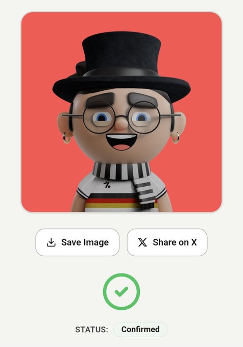 A 3D animated avatar of a person wearing a black top hat, round glasses, and a striped scarf smiles on a coral background, with "Save Image" and "Share on X" buttons below and a "Confirmed" status indicator.