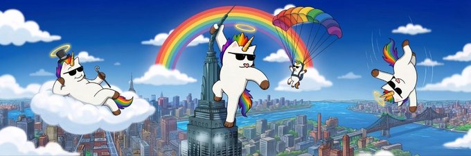 Three unicorn cats with rainbow manes and halos float above a vibrant cityscape—one lounging on a cloud with a scepter, another parachuting by a rainbow, and a third diving—evoking the magical, ascending spirit of the "$unicat" token's "destined to reach 1B" milestone.