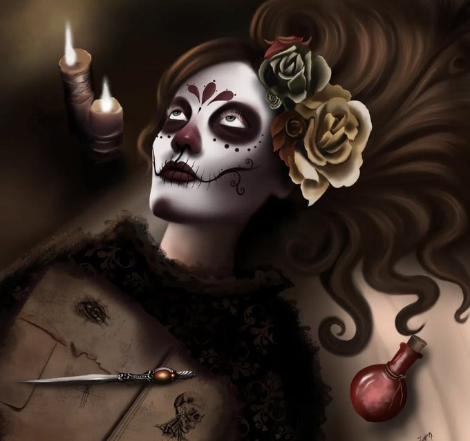 A digital artwork of a woman with Day of the Dead sugar skull face paint, roses in her flowing dark hair, accompanied by lit candles, a decorative dagger, and a red potion bottle.